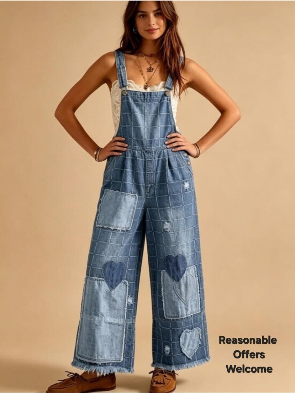 Light Blue Denim Heart Patchwork Wide-Leg Overalls. NWT